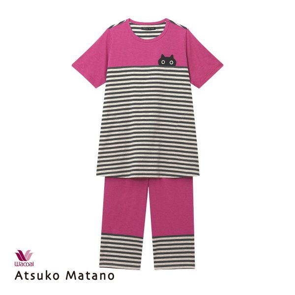 ワコール Wacoal マタノ アツコ ATSUKO MATANO ネコ ボーダー パジャマ ML 綿100％ ナイティ パジャマ 上下セット