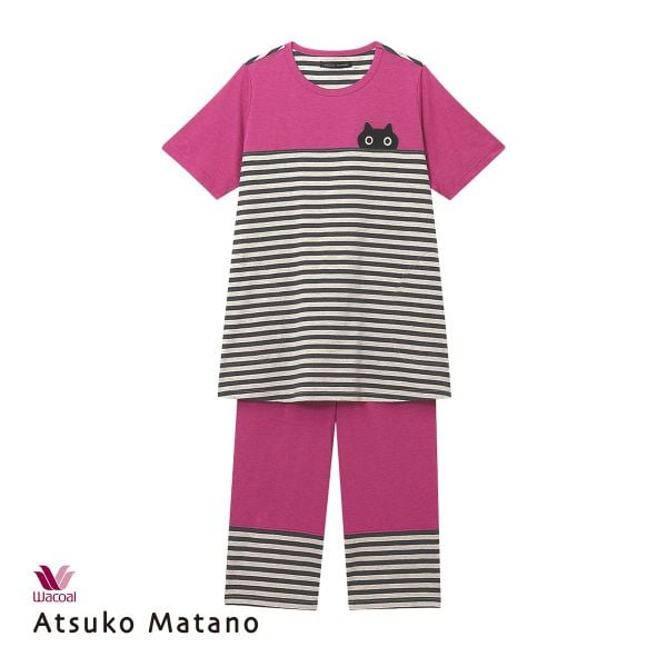 ワコール Wacoal マタノ アツコ ATSUKO MATANO ネコ ボーダー パジャマ ML 綿100％ ナイティ パジャマ 上下セット