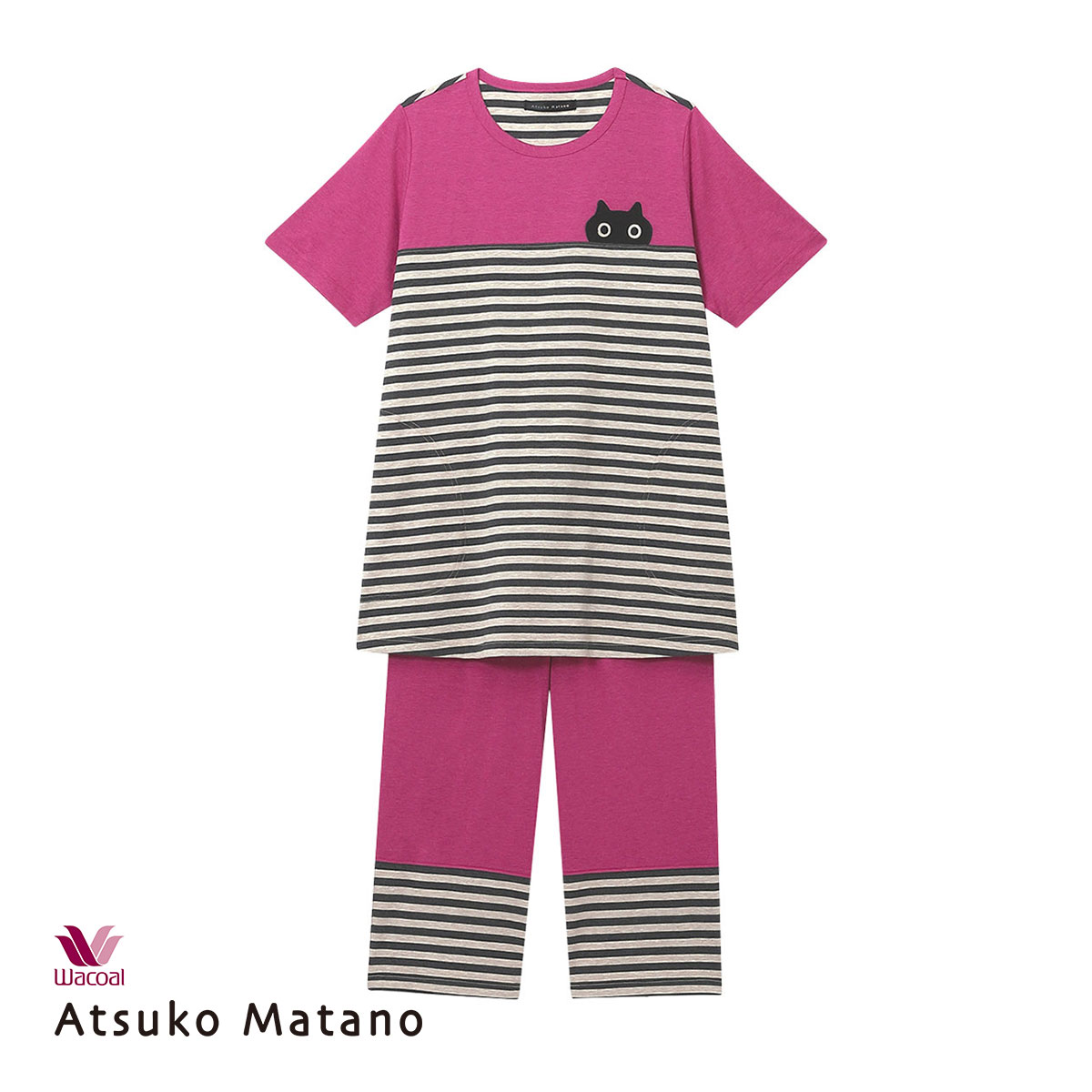 ワコール Wacoal マタノ アツコ ATSUKO MATANO ネコ ボーダー パジャマ ML 綿100％ ナイティ パジャマ 上下セット(GY-グレー-M)