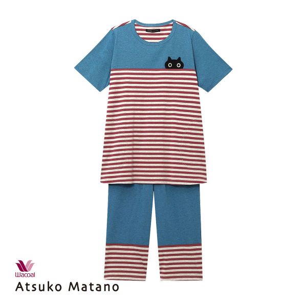 ワコール Wacoal マタノ アツコ ATSUKO MATANO ネコ ボーダー パジャマ ML 綿100％ ナイティ パジャマ 上下セット
