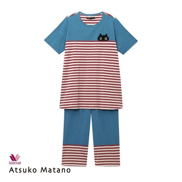 ワコール Wacoal マタノ アツコ ATSUKO MATANO ネコ ボーダー パジャマ ML 綿100％ ナイティ パジャマ 上下セット