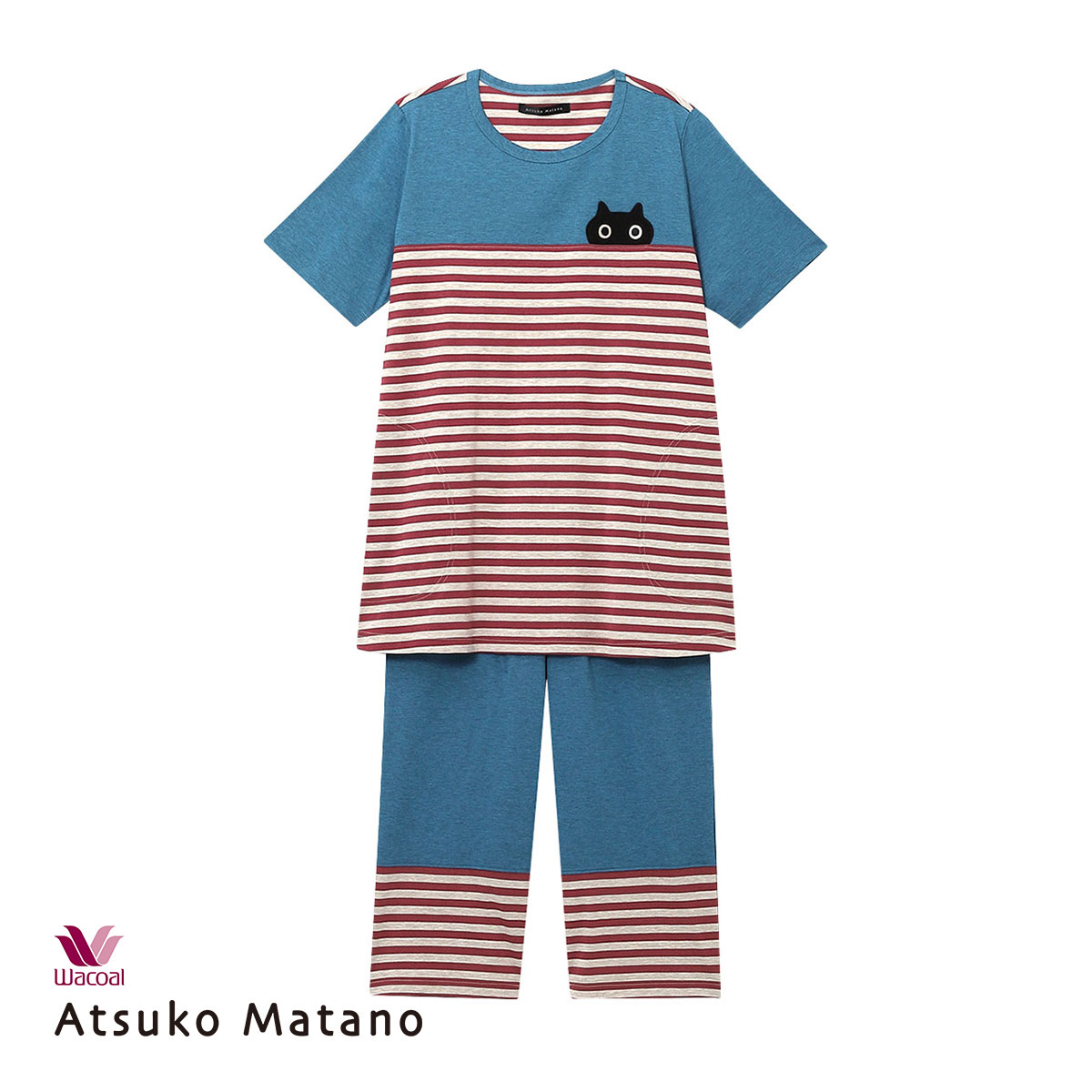 ワコール Wacoal マタノ アツコ ATSUKO MATANO ネコ ボーダー パジャマ ML 綿100％ ナイティ パジャマ 上下セット(RE-レッド-M)
