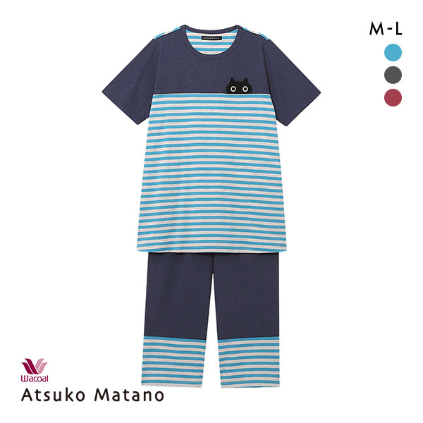 ワコール Wacoal マタノ アツコ ATSUKO MATANO ネコ ボーダー パジャマ ML 綿100％ ナイティ パジャマ 上下セット
