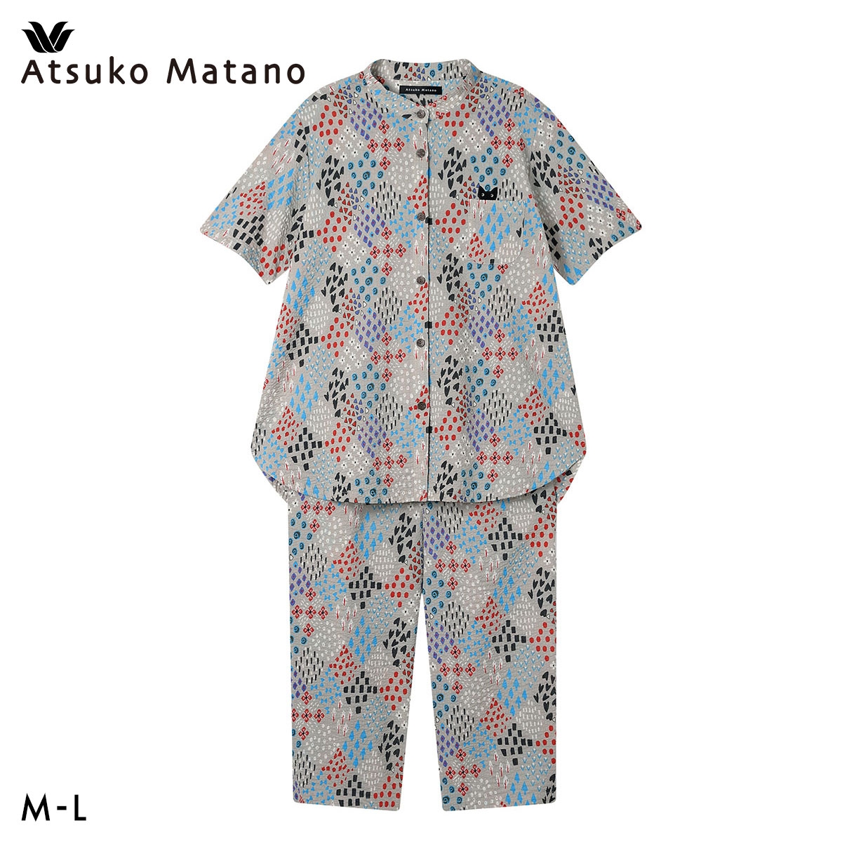 ワコール マタノアツコ 草花 シャツパジャマ 上下セット 5分袖8分丈パンツ ML 薄くて軽い 綿100％ Wacoal ATSUKO MATANO(GY-グレー-M)