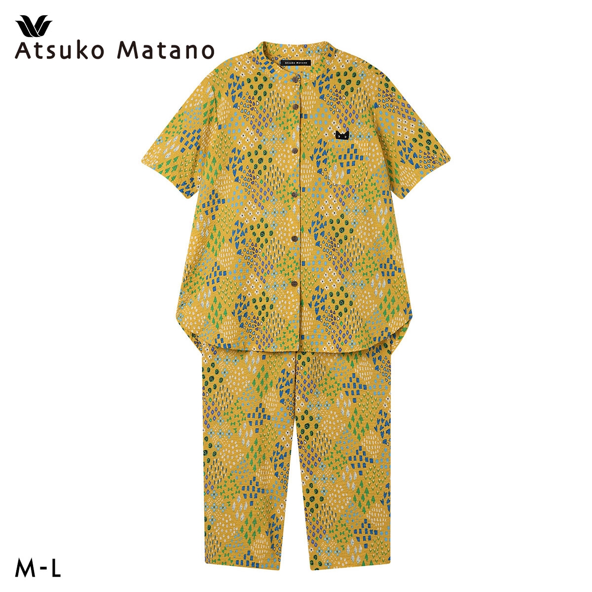 ワコール マタノアツコ 草花 シャツパジャマ 上下セット 5分袖8分丈パンツ ML 薄くて軽い 綿100％ Wacoal ATSUKO MATANO(YE-イエロー-M)