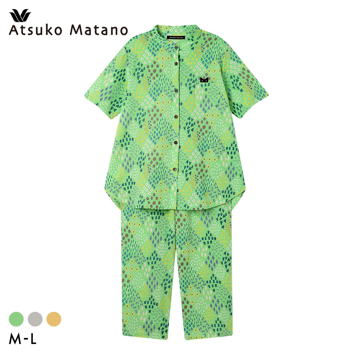 ワコール マタノアツコ 草花 シャツパジャマ 上下セット 5分袖8分丈パンツ ML 薄くて軽い 綿100％ Wacoal ATSUKO MATANO
