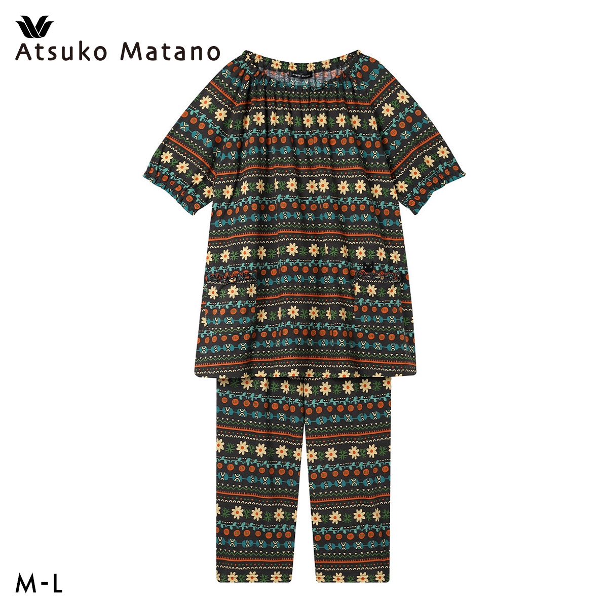 ワコール マタノアツコ オリエンタル パジャマ 上下セット 5分袖8分丈パンツ ML 綿100％ Wacoal ATSUKO MATANO(BK-ブラック-M)