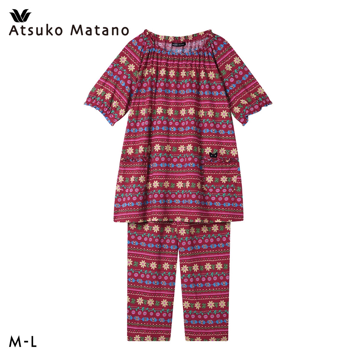 ワコール マタノアツコ オリエンタル パジャマ 上下セット 5分袖8分丈パンツ ML 綿100％ Wacoal ATSUKO MATANO(RE-レッド-M)
