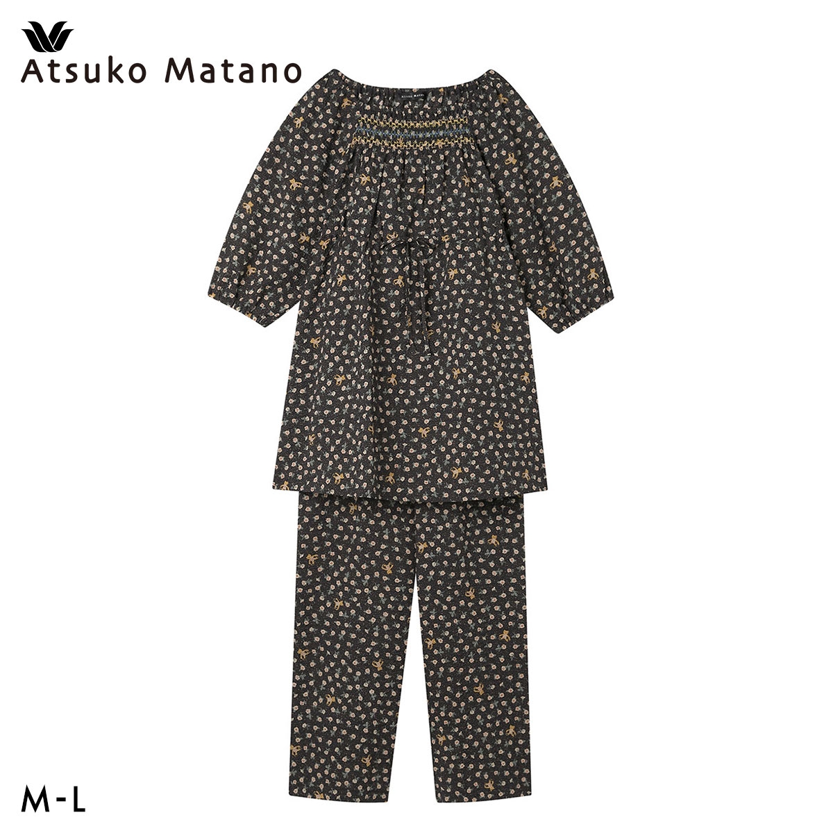 ワコール マタノアツコ ルームウェア パジャマ 上下セット 7分袖ロング丈パンツ 綿100％ Wacoal ATSUKO MATANO(BK-ブラック-M)