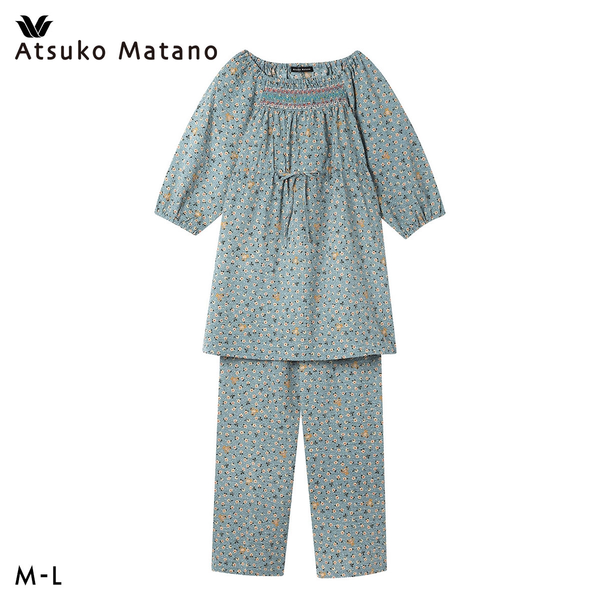 ワコール マタノアツコ ルームウェア パジャマ 上下セット 7分袖ロング丈パンツ 綿100％ Wacoal ATSUKO MATANO(BU-ブルー-M)