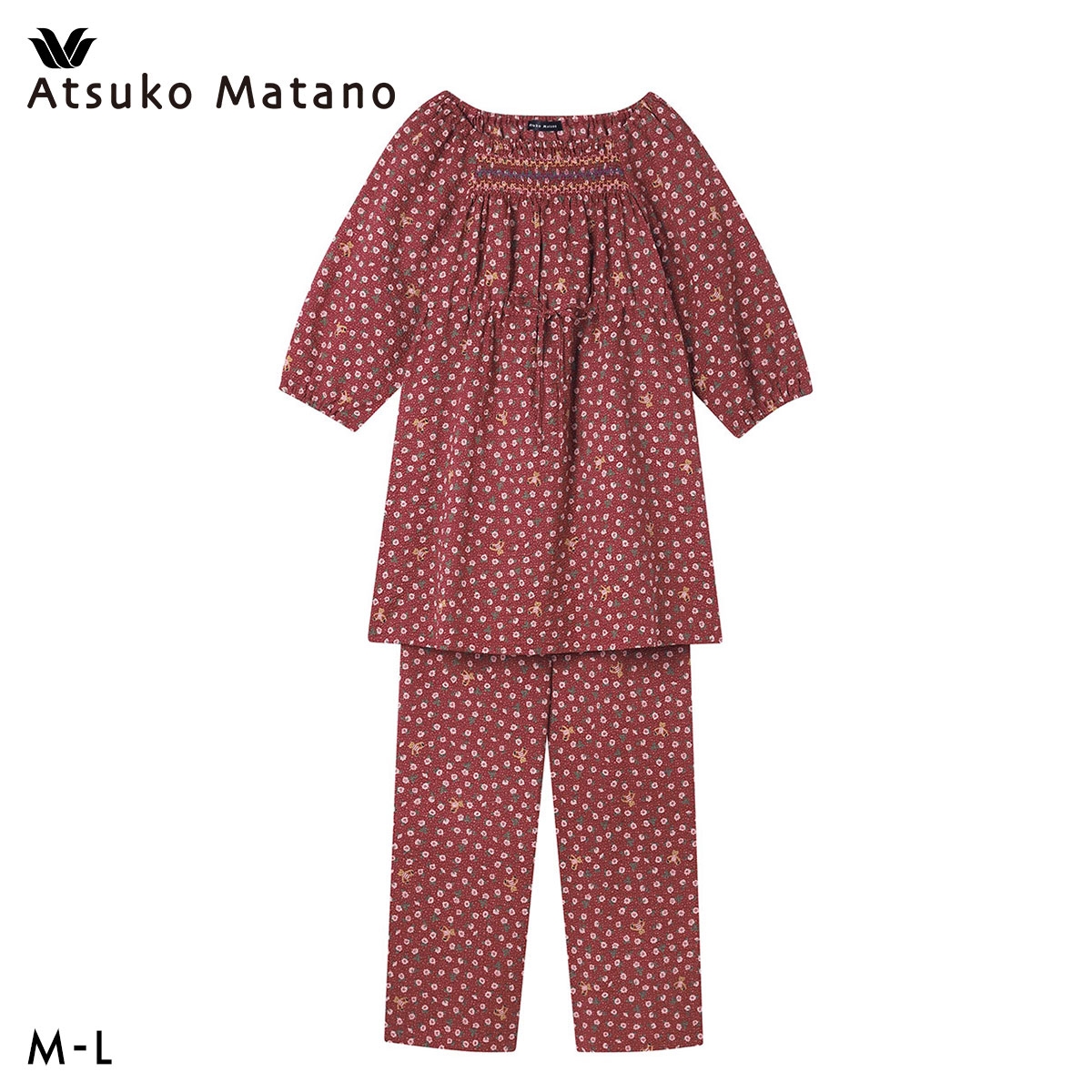 ワコール マタノアツコ ルームウェア パジャマ 上下セット 7分袖ロング丈パンツ 綿100％ Wacoal ATSUKO MATANO(RE-レッド-M)