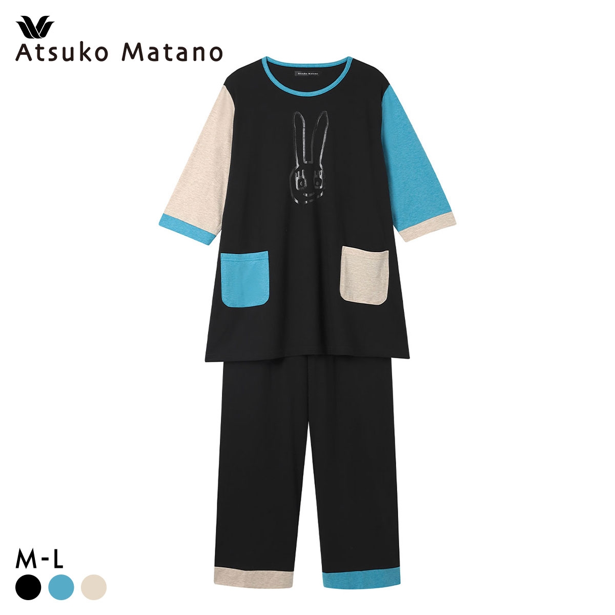 ワコール マタノアツコ パジャマ うさぎ 7分袖ロング丈 上下セット ルームウェア 綿100％ Wacoal ATSUKO MATANO(BK-ブラック-M)