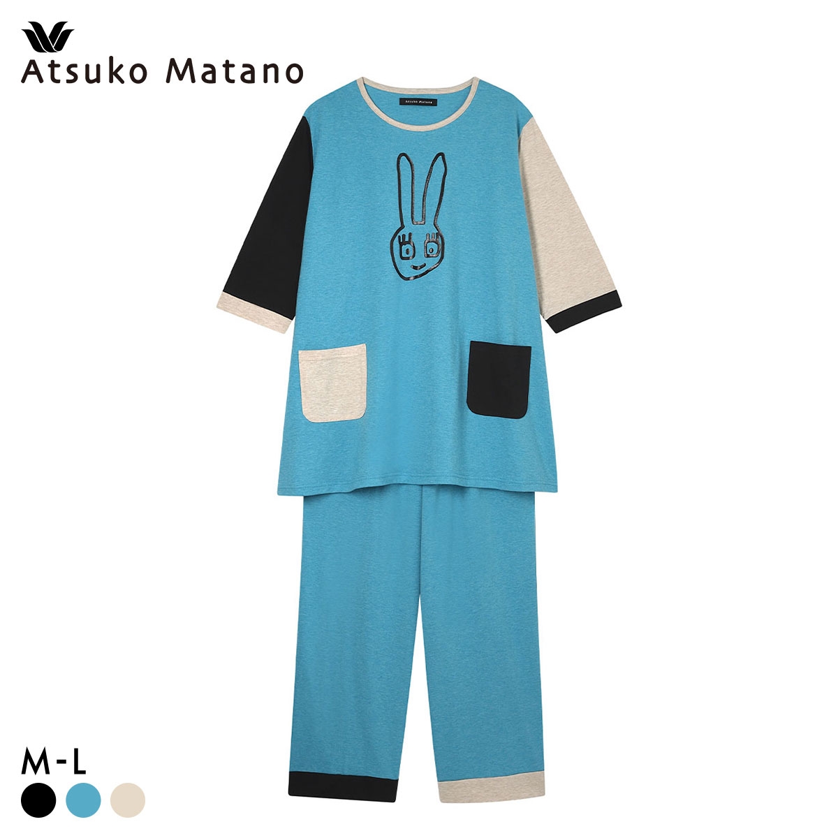 ワコール マタノアツコ パジャマ うさぎ 7分袖ロング丈 上下セット ルームウェア 綿100％ Wacoal ATSUKO MATANO(BU-ブルー-M)