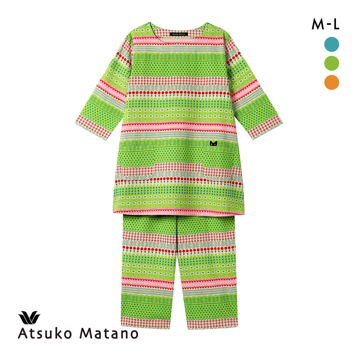 ワコール マタノアツコ パジャマ 7分袖 8分丈パンツ 上下セット ルームウェア ボーダー調 綿100％ Wacoal ATSUKO MATANO(GR-グリーン-M)