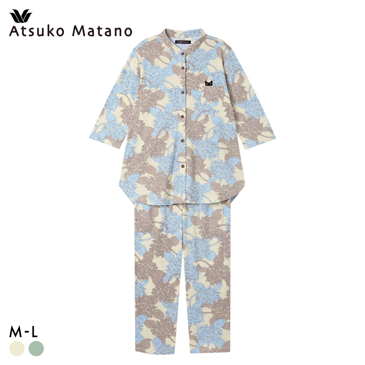 ワコール マタノアツコ シャツパジャマ 紫陽花 ねこ 7分袖ロング丈 上下セット ルームウェア 綿100％ Wacoal ATSUKO MATANO(BE-ベージュ-M)