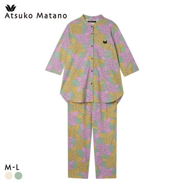 ワコール マタノアツコ シャツパジャマ 紫陽花 ねこ 7分袖ロング丈 上下セット ルームウェア 綿100％ Wacoal ATSUKO MATANO
