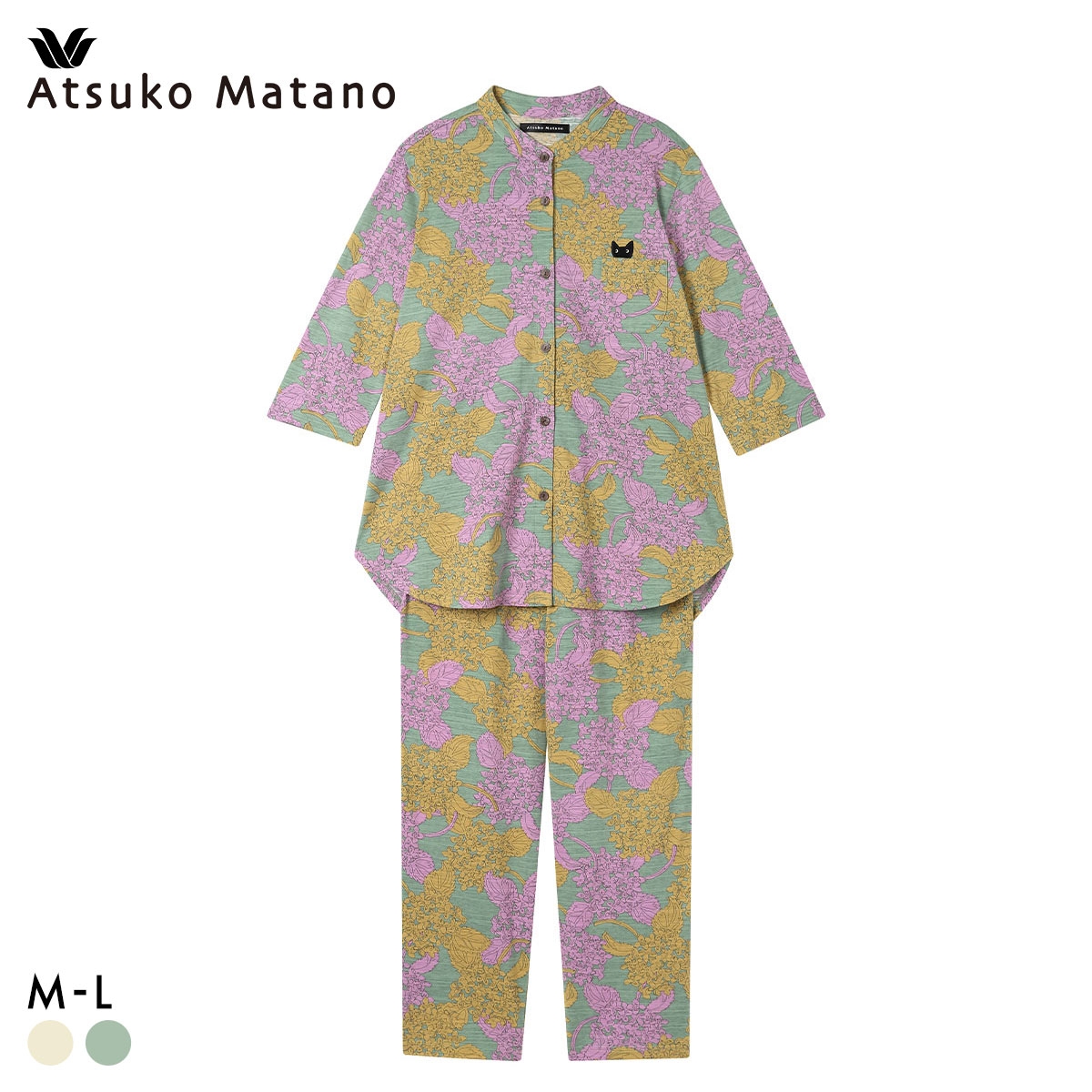 ワコール マタノアツコ シャツパジャマ 紫陽花 ねこ 7分袖ロング丈 上下セット ルームウェア 綿100％ Wacoal ATSUKO MATANO(GR-グリーン-M)