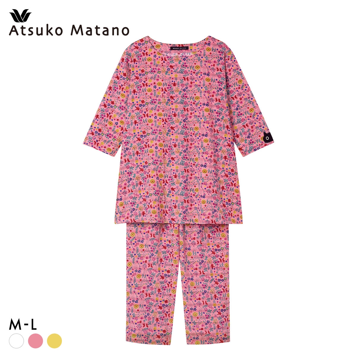 ワコール マタノアツコ パジャマ 7分袖8分丈パンツ 上下セット ルームウェア ねこ 綿100％ Wacoal ATSUKO MATANO(PI-ピンク-M)