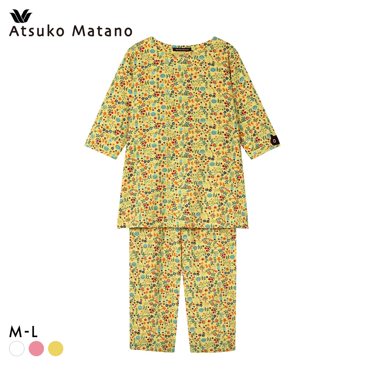 ワコール マタノアツコ パジャマ 7分袖8分丈パンツ 上下セット ルームウェア ねこ 綿100％ Wacoal ATSUKO MATANO(YE-イエロー-M)