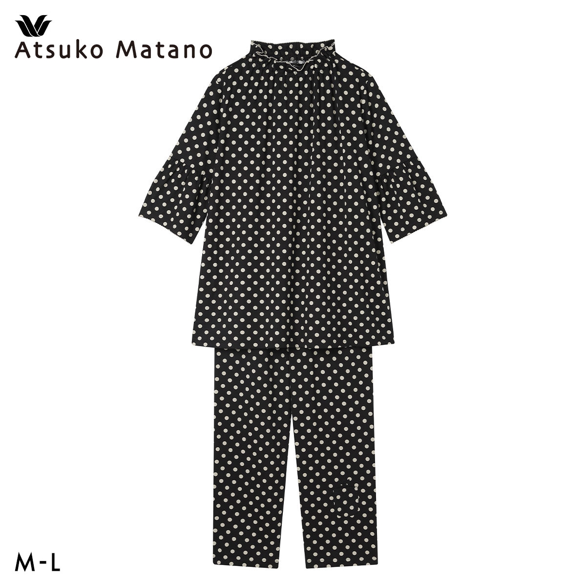 ワコール マタノアツコ ルームウェア パジャマ 上下セット ドット 7分袖ロング丈パンツ 綿100％ Wacoal ATSUKO MATANO(BK-ブラック-M)