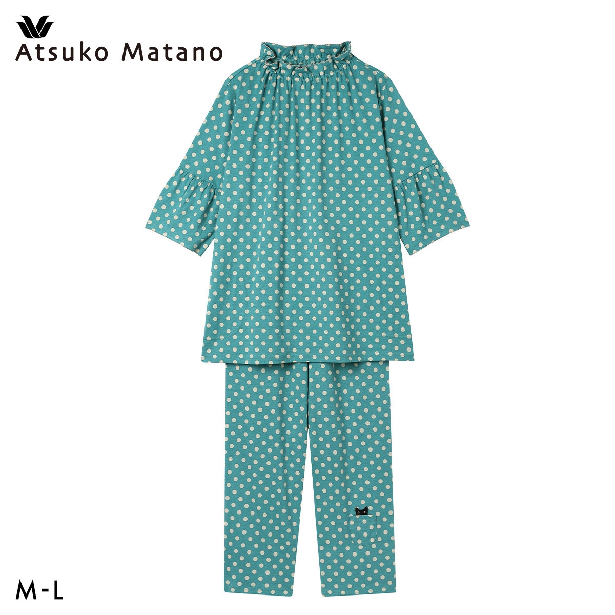 ワコール マタノアツコ ルームウェア パジャマ 上下セット ドット 7分袖ロング丈パンツ 綿100％ Wacoal ATSUKO MATANO(BU-ブルー-M)