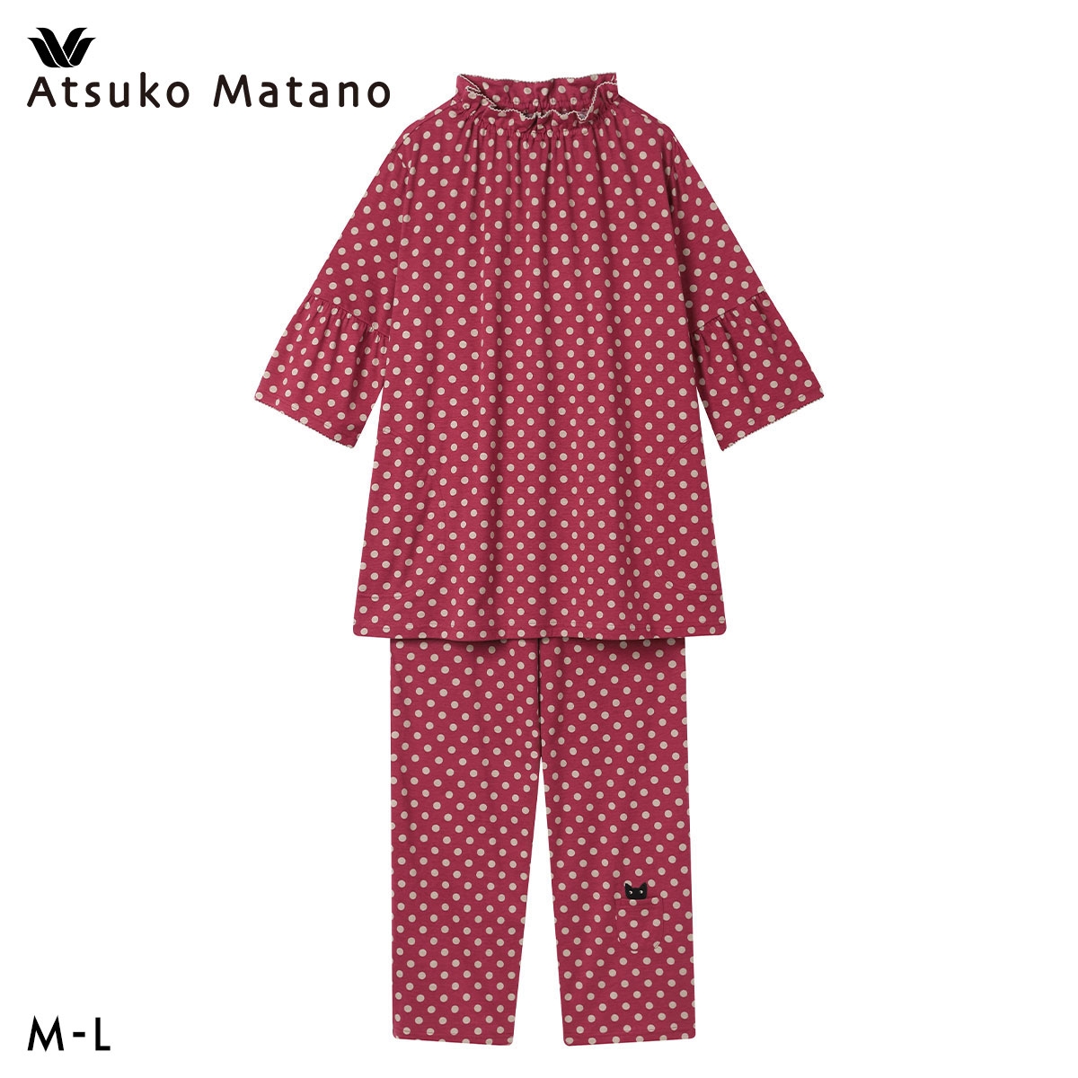 ワコール マタノアツコ ルームウェア パジャマ 上下セット ドット 7分袖ロング丈パンツ 綿100％ Wacoal ATSUKO MATANO(RE-レッド-M)