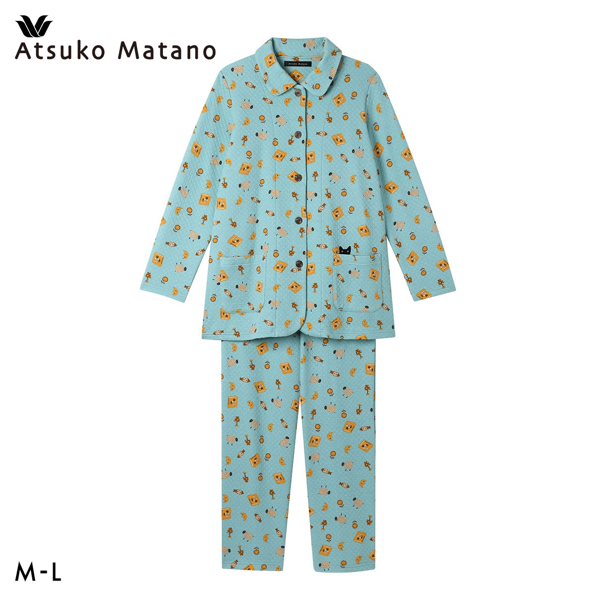 ワコール マタノアツコ ルームウェア 長袖パジャマ 上下セット あたたかい キルトニット 綿混 Wacoal ATSUKO MATANO(BU-ブルー-M)