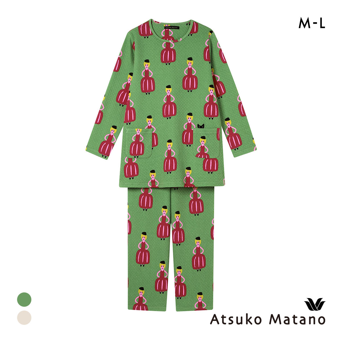 ワコール マタノアツコ ルームウェア 長袖パジャマ 上下セット あたたかい キルトニット Wacoal ATSUKO MATANO(GR-グリーン-M)