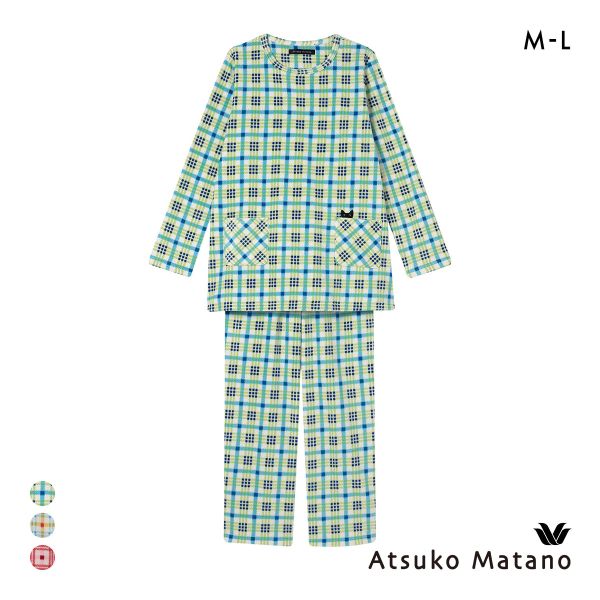 ワコール マタノアツコ フリース 長袖 パジャマ 上下セット ルームウェア あったか チェック ねこ レディース Wacoal ATSUKO MATANO