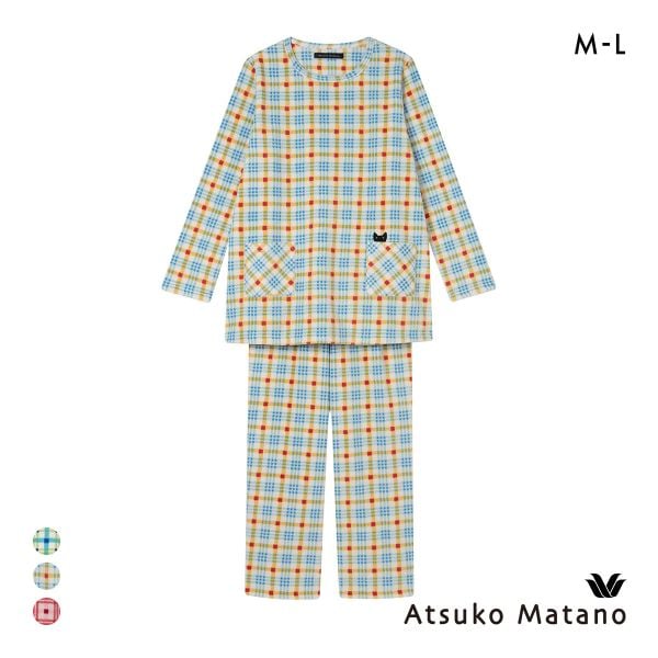 ワコール マタノアツコ フリース 長袖 パジャマ 上下セット ルームウェア あったか チェック ねこ レディース Wacoal ATSUKO MATANO
