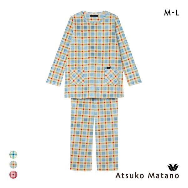 ワコール マタノアツコ フリース 長袖 パジャマ 上下セット ルームウェア あったか チェック ねこ レディース Wacoal ATSUKO MATANO
