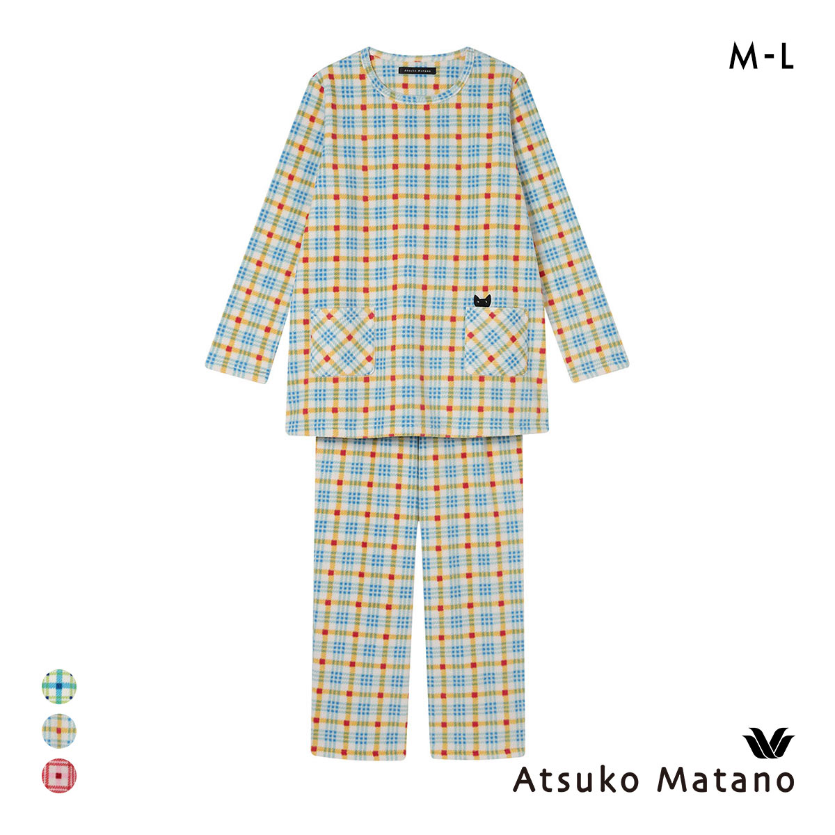 ワコール マタノアツコ フリース 長袖 パジャマ 上下セット ルームウェア あったか チェック ねこ レディース Wacoal ATSUKO MATANO(OR-オレンジ-M)