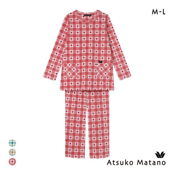 ワコール マタノアツコ フリース 長袖 パジャマ 上下セット ルームウェア あったか チェック ねこ レディース Wacoal ATSUKO MATANO