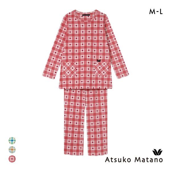 ワコール マタノアツコ フリース 長袖 パジャマ 上下セット ルームウェア あったか チェック ねこ レディース Wacoal ATSUKO MATANO