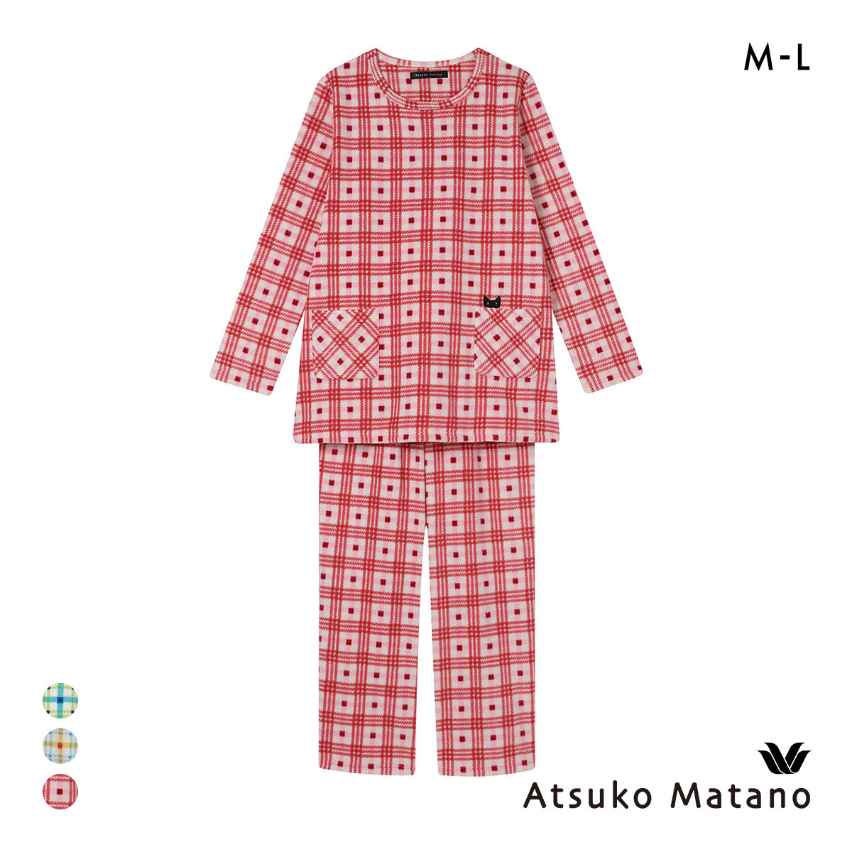 ワコール マタノアツコ フリース 長袖 パジャマ 上下セット ルームウェア あったか チェック ねこ レディース Wacoal ATSUKO MATANO(PI-ピンク-M)