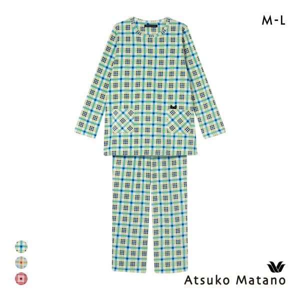 ワコール マタノアツコ フリース 長袖 パジャマ 上下セット ルームウェア あったか チェック ねこ レディース Wacoal ATSUKO MATANO