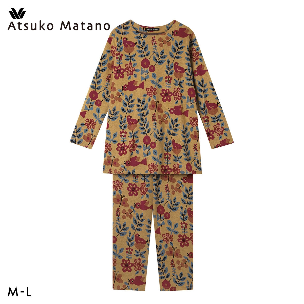 ワコール マタノアツコ 草花と鳥 長袖 パジャマ 上下セット ルームウェア 綿100％ ジャガード Wacoal ATSUKO MATANO(BE-ベージュ-M)