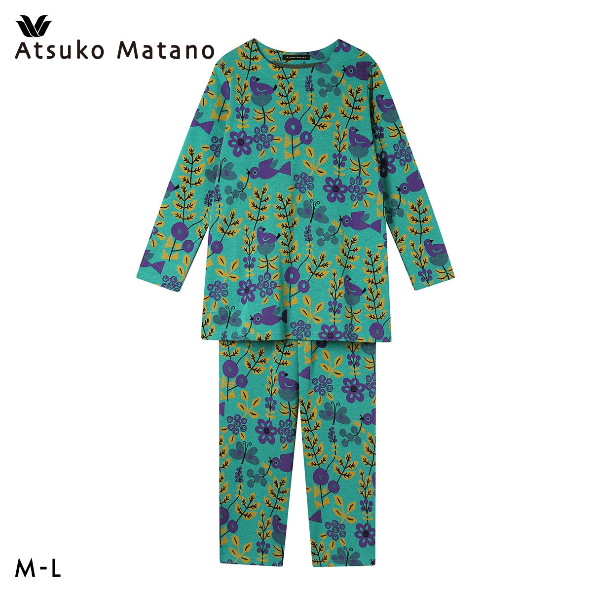 ワコール マタノアツコ 草花と鳥 長袖 パジャマ 上下セット ルームウェア 綿100％ ジャガード Wacoal ATSUKO MATANO(GR-グリーン-M)