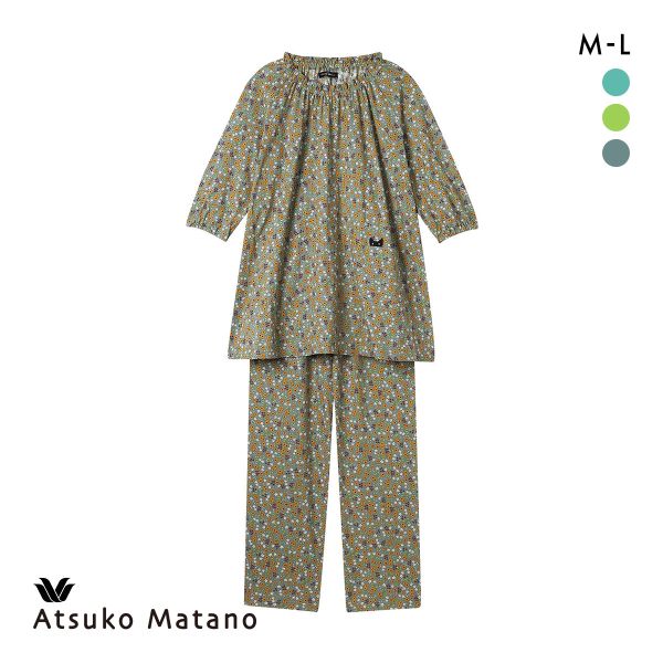 ワコール マタノアツコ 7分袖 パジャマ 上下セット 小花 ねこ 綿100％ ルームウェア Wacoal ATSUKO MATANO