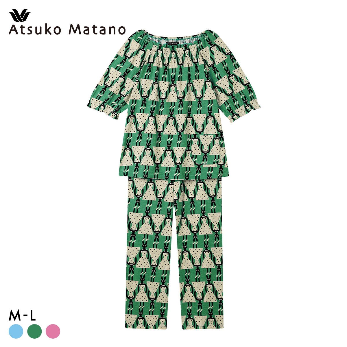 ワコール マタノアツコ うさぎ パジャマ 上下セット 半袖 6分袖 ルームウェア Wacoal ATSUKO MATANO(GR-グリーン-M)
