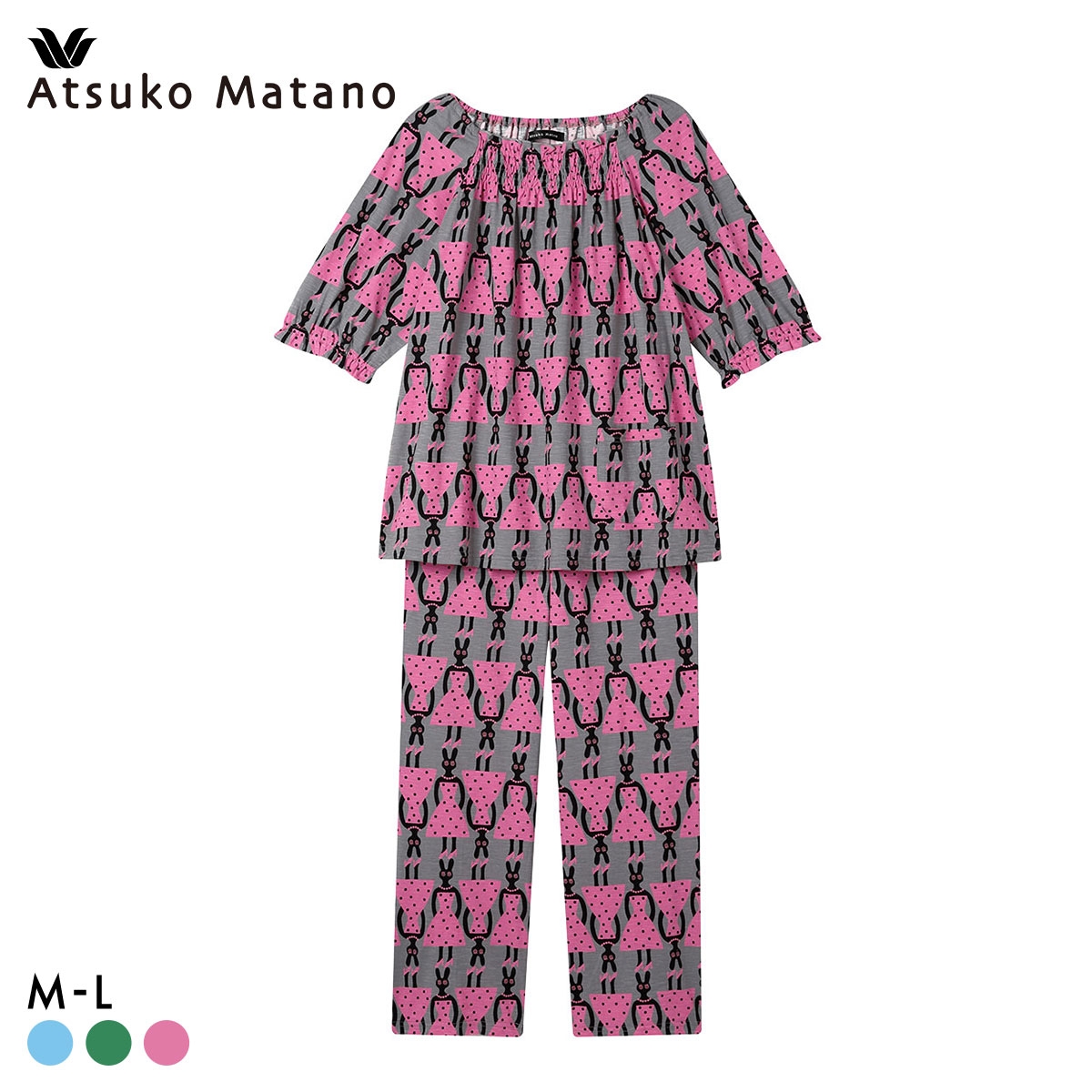 ワコール マタノアツコ うさぎ パジャマ 上下セット 半袖 6分袖 ルームウェア Wacoal ATSUKO MATANO(PI-ピンク-M)