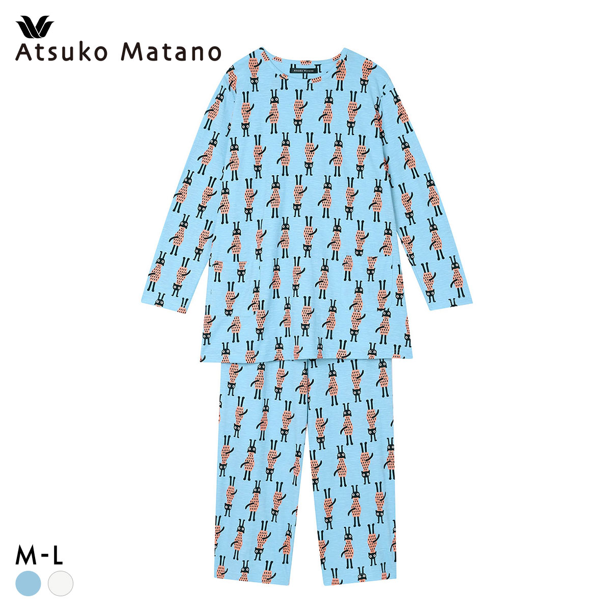 ワコール マタノアツコ ルームウェア 長袖パジャマ 上下セット 逆立ちしている猫 綿100％ Wacoal ATSUKO MATANO(BU-ブルー-M)