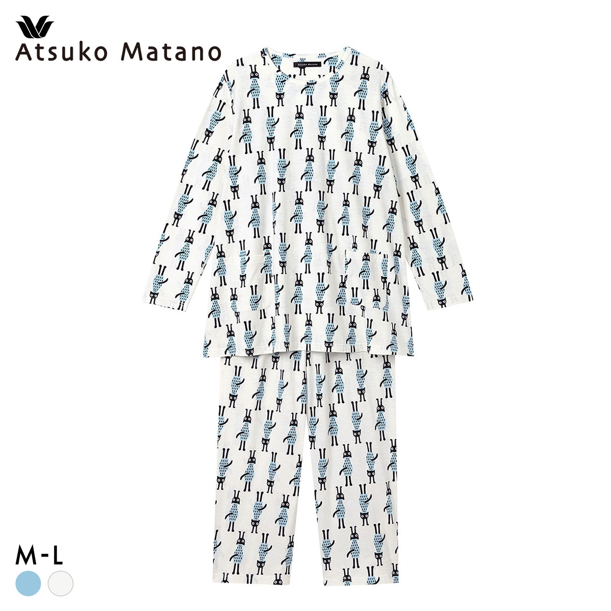 ワコール マタノアツコ ルームウェア 長袖パジャマ 上下セット 逆立ちしている猫 綿100％ Wacoal ATSUKO MATANO(IV-アイボリー-M)