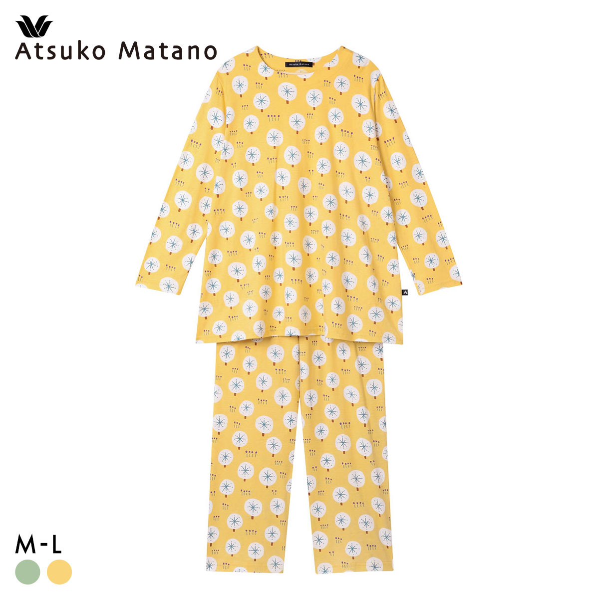 ワコール マタノアツコ ルームウェア 長袖パジャマ 上下セット 大きな木 ゆったり 綿100％ Wacoal ATSUKO MATANO(YE-イエロー-M)