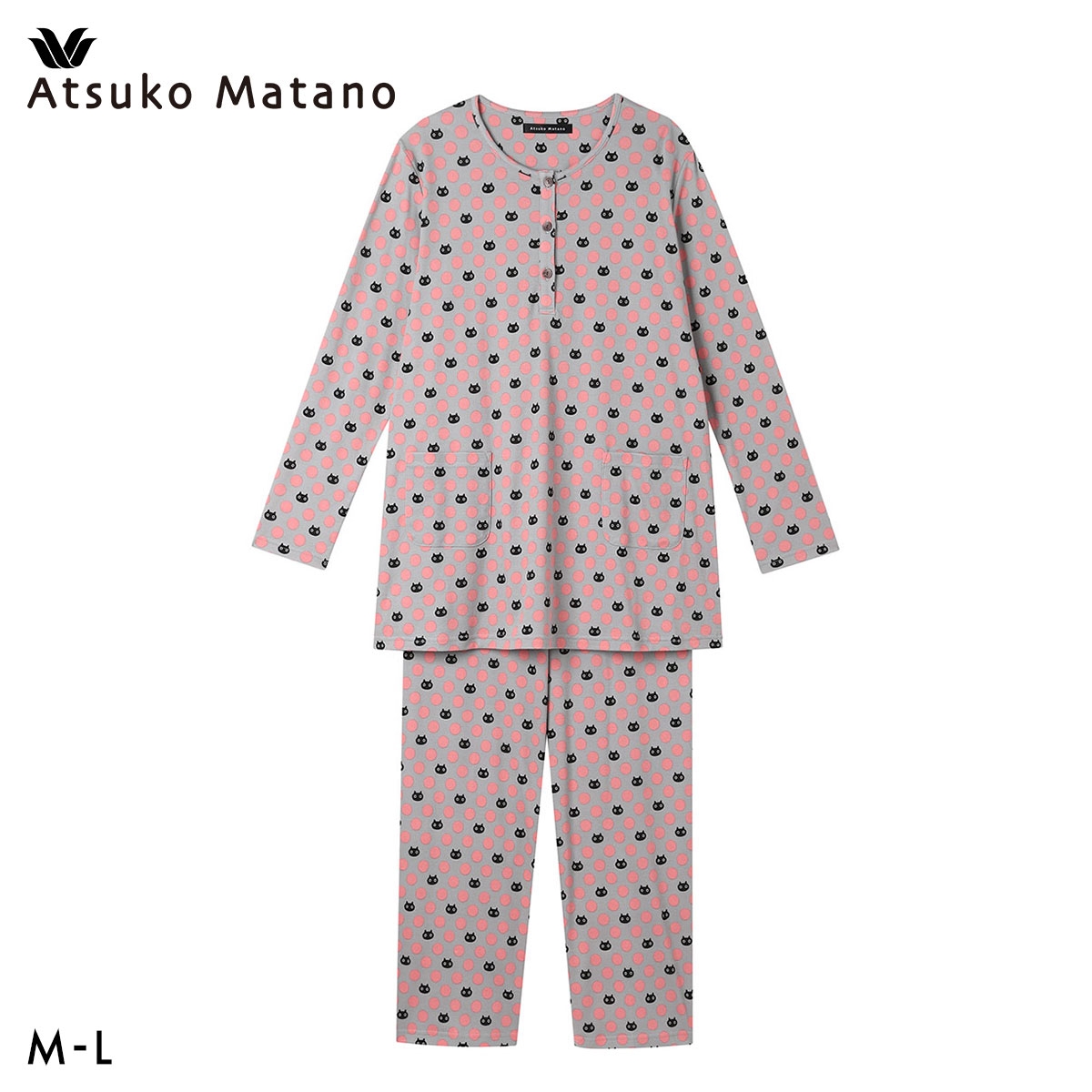 ワコール マタノアツコ 黒ねことドット 長袖 パジャマ 上下セット ルームウェア 綿100％ レディース Wacoal ATSUKO MATANO(GY-グレー-M)