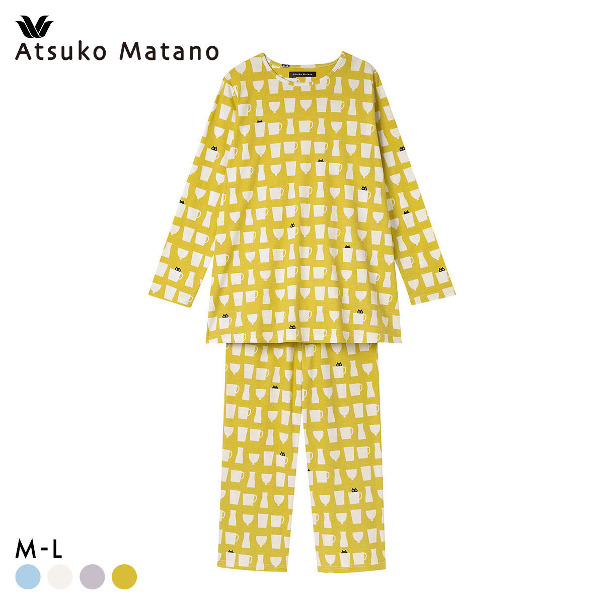 ワコール マタノアツコ ルームウェア 長袖パジャマ 上下セット MEME ねこ 綿100％ Wacoal ATSUKO MATANO(YE-イエロー-M)