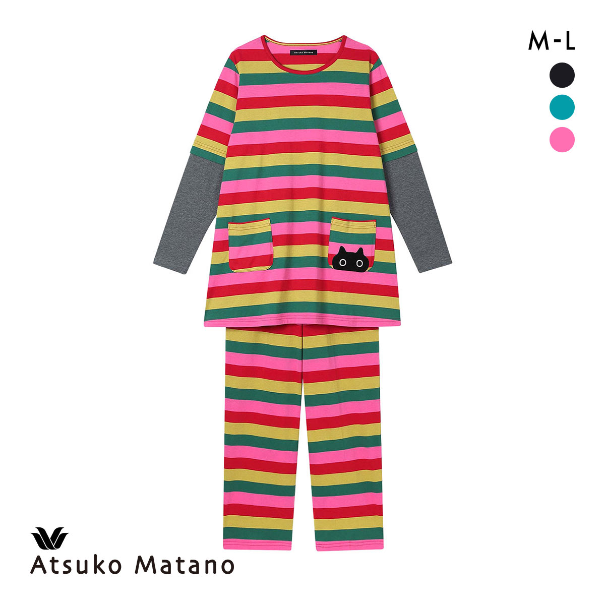ワコール マタノアツコ ルームウェア 長袖パジャマ 上下セット マルチボーダー ねこ 綿100％ Wacoal ATSUKO MATANO(PI-ピンク-M)