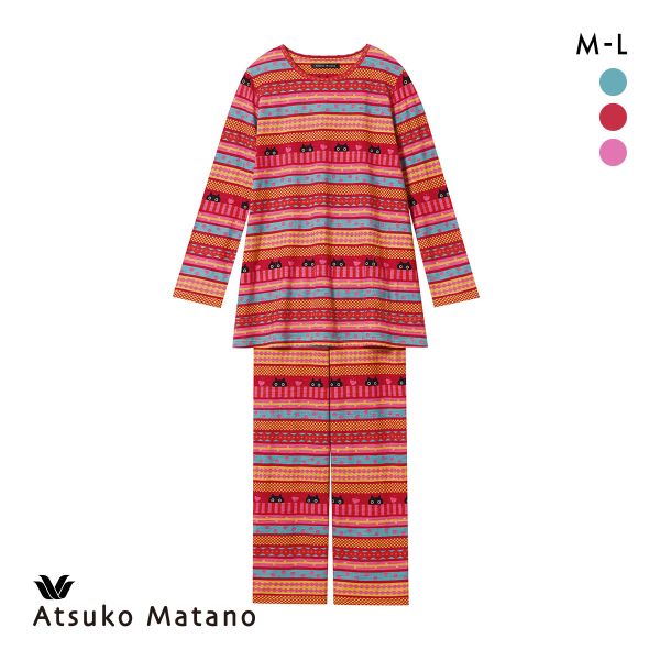 ワコール マタノアツコ 長袖パジャマ 上下セット 綿100％ ねこ ボーダー ルームウェア Wacoal ATSUKO MATANO