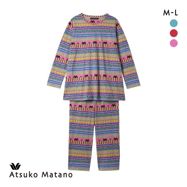 ワコール マタノアツコ 長袖パジャマ 上下セット 綿100％ ねこ ボーダー ルームウェア Wacoal ATSUKO MATANO