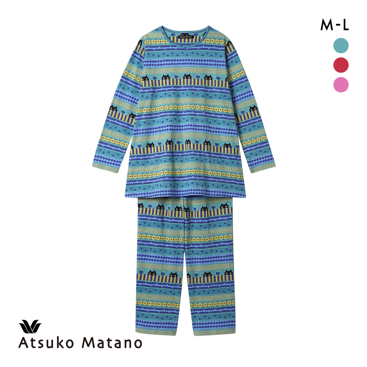 ワコール マタノアツコ 長袖パジャマ 上下セット 綿100％ ねこ ボーダー ルームウェア Wacoal ATSUKO MATANO